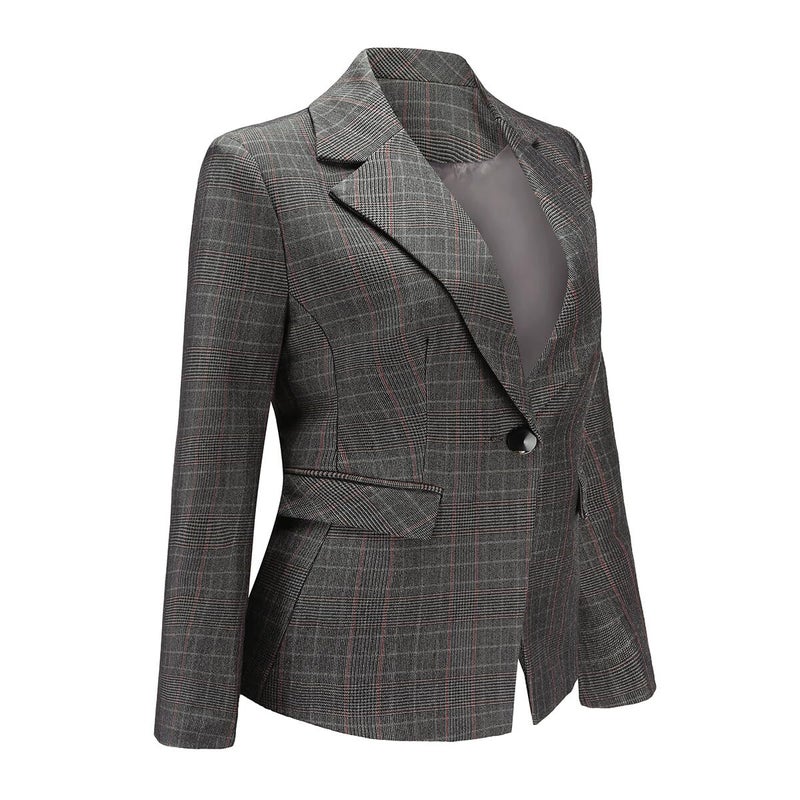 YUNCLOS Women's Vintage 2 Piece Plaid Suit Set 1 Button Stylish Blazer and Pants Gray - Image 2